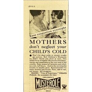 Musterole Children's "Mother don't neglect your Child's cold" Vtg Print Ad 1933